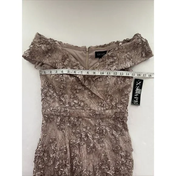 Xscape Womens Sz 4 Taupe Off the Shoulder Embroidered Lace Long Gown Dress - Picture 9 of 14